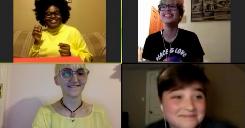 A screenshot of 4 students talking on zoom.