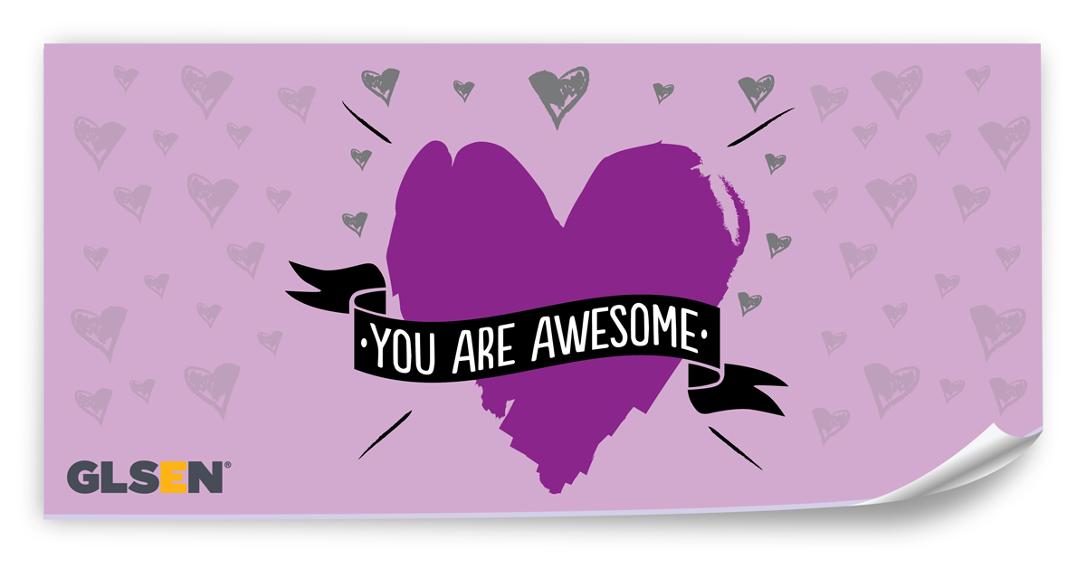 A purple heart with a gray and  black banner over it reads "You Are Awesome"