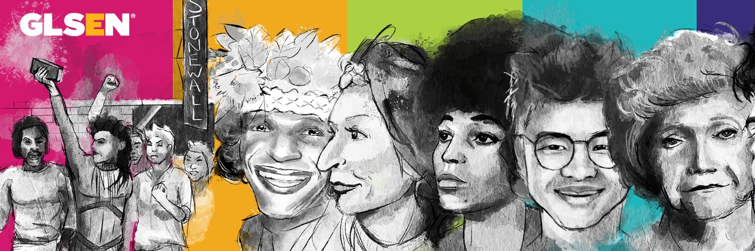 Image is illustrations of various LGBTQ history icons: patrons of the Stonewall Inn, MArsha P. Johnson, Sylvia Rivera, Angela Davis, Chella Man, and Miss Major Griffin Gracy