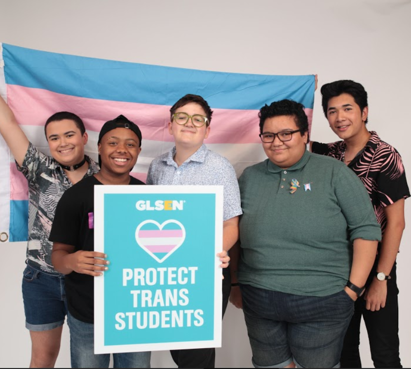 Five trans youth stand in front of a trans flag, holding a sign that says "Protect Trans Youth"