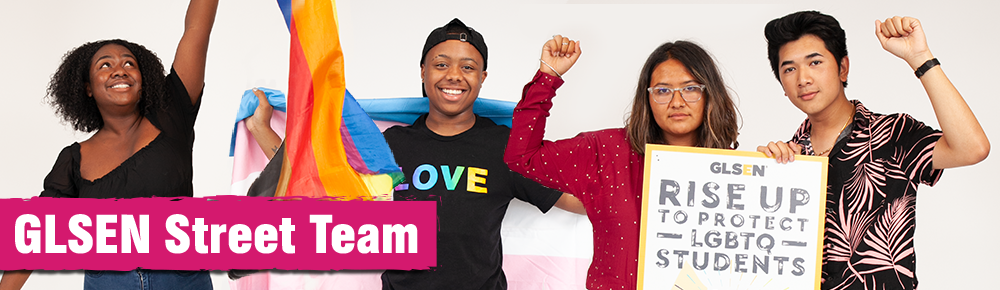 The image is of 4 students. One student is throwing a rainbow flag. One student is standing with a trans flag and a shirt that says love. Two students are holding up a sign that says "rise up to protect LGBTQ students" with a fist in the air. There is a tag line across the image that says GLSEN Street Team.