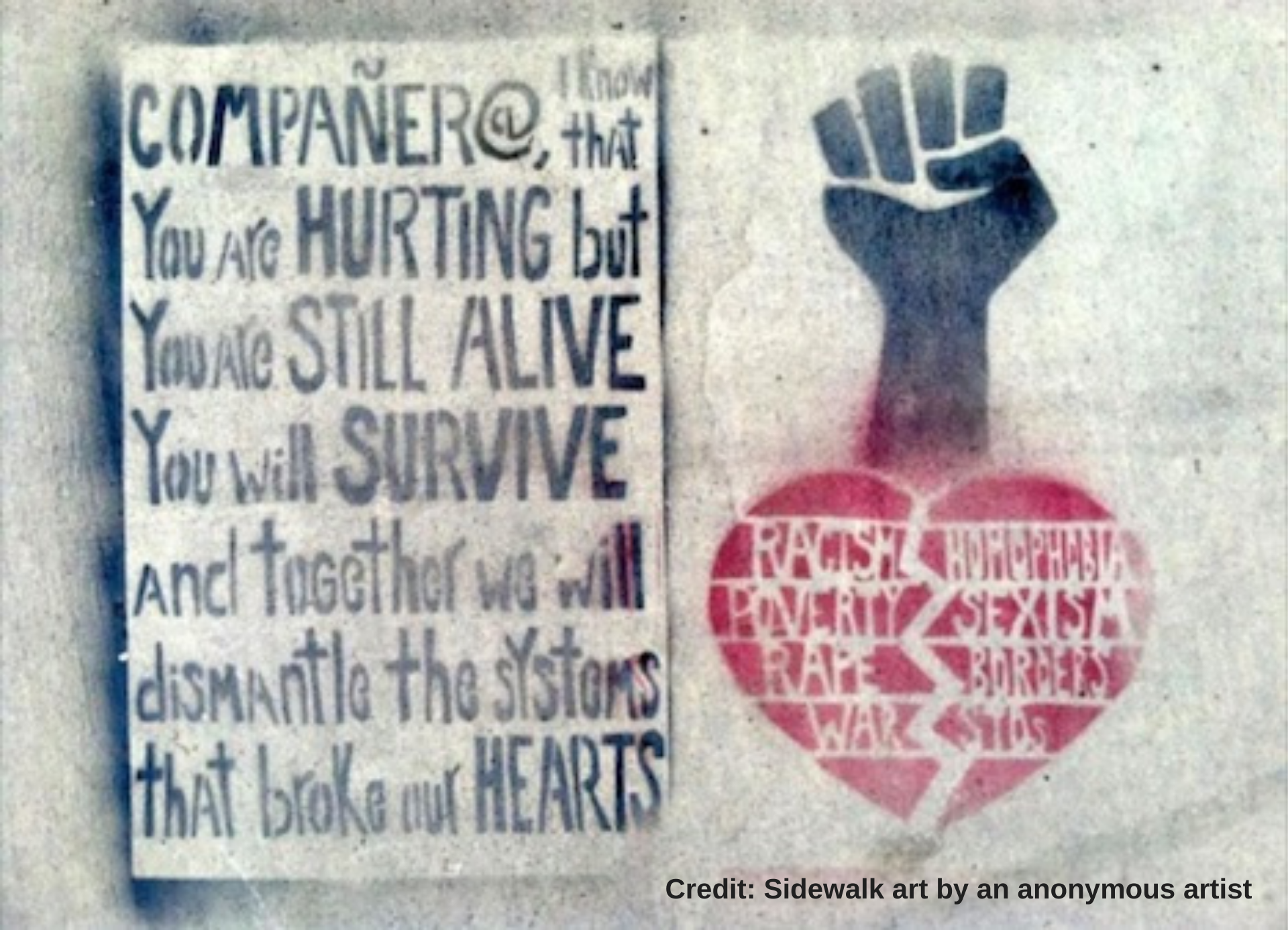 Image is text and drawing on a sidewalk. Black text on the left reads: Companer@, I know that you are hurting but you are still alive, you will survive, and together we will dismantle the systems that broke our hearts. To the right is a red broken heart that has the words racism, poverty, rape, war, homophobia, sexism, border, STDs with a black fist coming out the top