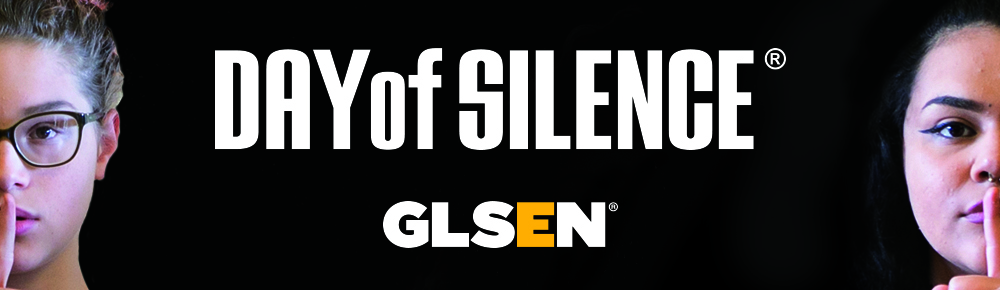 Two students making "sh" signals with fingers up to their faces against black background, flanking GLSEN's Day of Silence logo