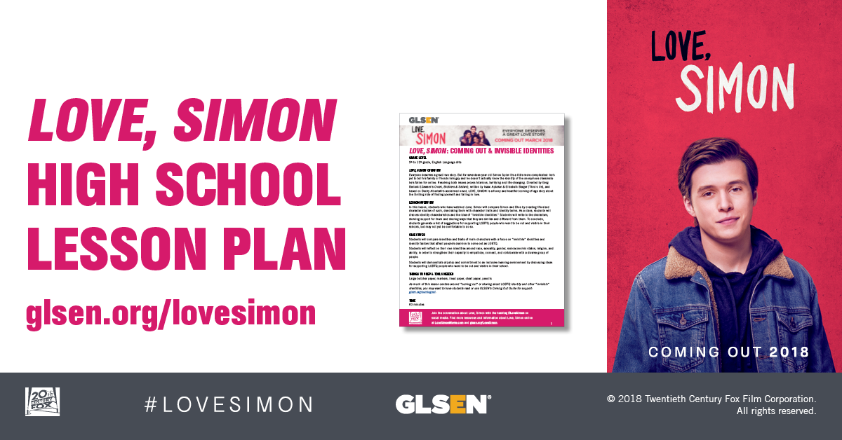 The GLSEN Love, Simon lesson plan next to a photo of the leader character from the movie, Simon.