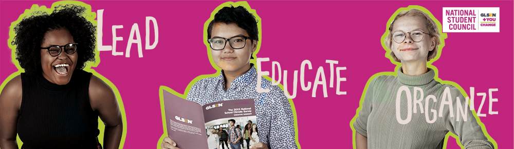 Photos of three National Student Council Members with the words lead, organize, and educate next to each of them