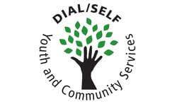 Tree made of brown hand as trunk with green leaves on top. There is a circle of black text around the tree that reads "DIAL/SELF: Youth and Community Services"