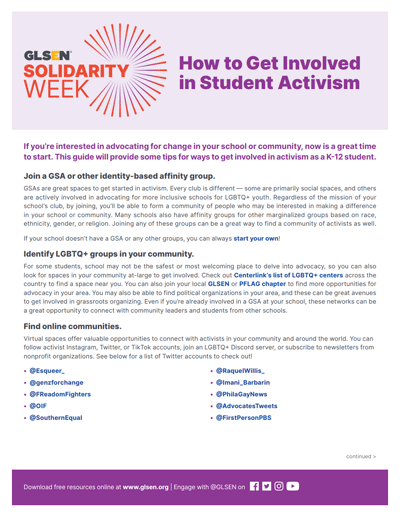 GLSEN 2022 Solidarity Week: How to Get Involved in Student Activism Resource
