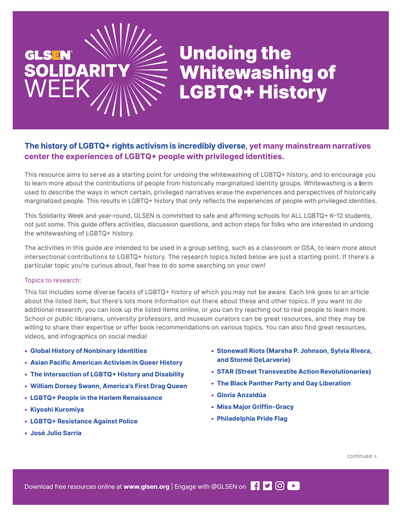 GLSEN 2022 Solidarity Week: Undoing the Whitewashing of LGBTQ+ History Resource