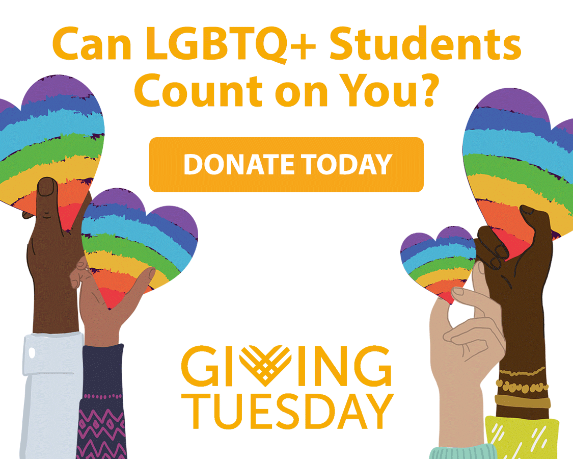 Illustration of hands holding rainbow hearts. Yellow text to the left that says "Giving Tuesday. Donate today"