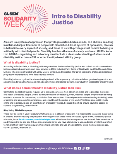 GLSEN 2023 Solidarity Week: Intro to Disability Justice Resource