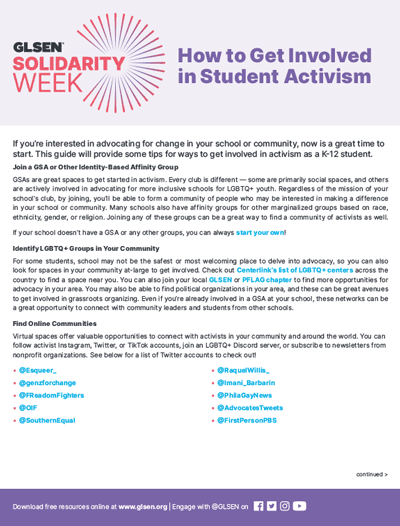 GLSEN 2023 Solidarity Week: How to Get Involved in Student Activism Resource
