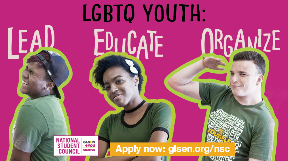 Photo of 3 LGBTQ youth with text overhead, "LGBTQ youth: lead, educate, organize"