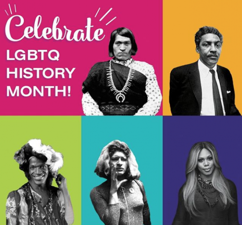 TEXT: Celebrate LGBTQ History Month! This is a square graphic that features black and white photos of five important figures in LGBTQ history on different solid-colored backgrounds composing the GLSEN rainbow. From top left to bottom right, these historical figures are: We'Wha, Bayard Rustin, Marsha P. Johnson, Silvia Rivera, and Laverne Cox. 