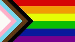 Rainbow pride flag with stripes on the left side in the shape of a triangle that are black, brown, light blue, pink and white