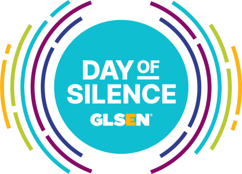 Text says Day of Silence. The background is a teal circle with the GLSEN logo below, and sound waves of colors surrounding the circle