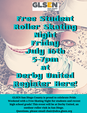 Text says free student roller skating night Friday, July 16th 5 to 7 p.m. at Derby United, Register Here