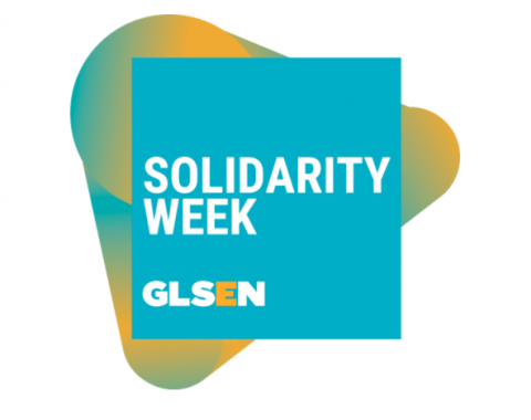 In cyan and white, text says Solidarity Week. There is a yellow and teal background and the GLSEN logo on the bottom left-hand corner