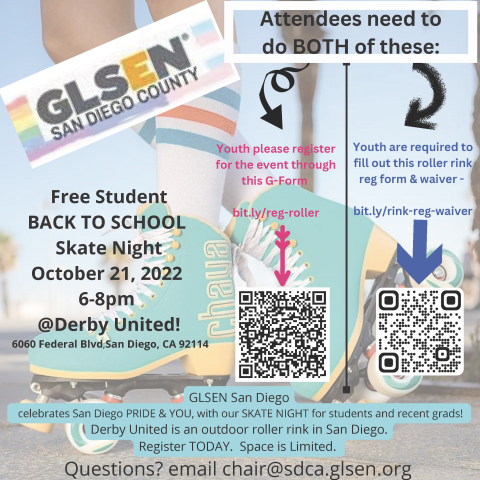 Flier for GLSEN San Diego chapter's upcoming Free Back to School Skate Night at Derby Union. The event takes place on October 21st from 6pm - 8pm. 