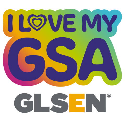 Rainbow bubble around dark purple text that says I Love My GSA. Gray and gold GLSEN logo underneath.
